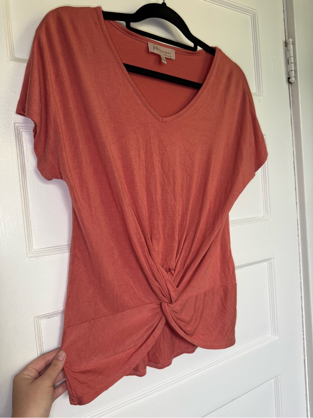 Philosophy Rusty Coral V‑Neck Twist Front Short Sleeve Top Drapey Casual Chic S - Picture 6 of 12
